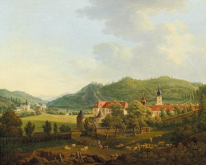 Åbent landskab med kloster